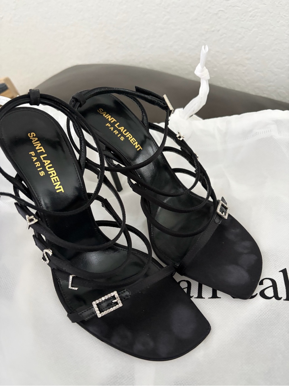 Saint Laurent Black Strappy Crystal-Buckle Heels